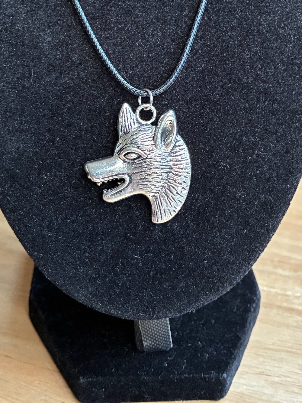 Silver Tone Wolf Head Pendant Cord Necklace | Handcrafted Tribal Boho Jewelry